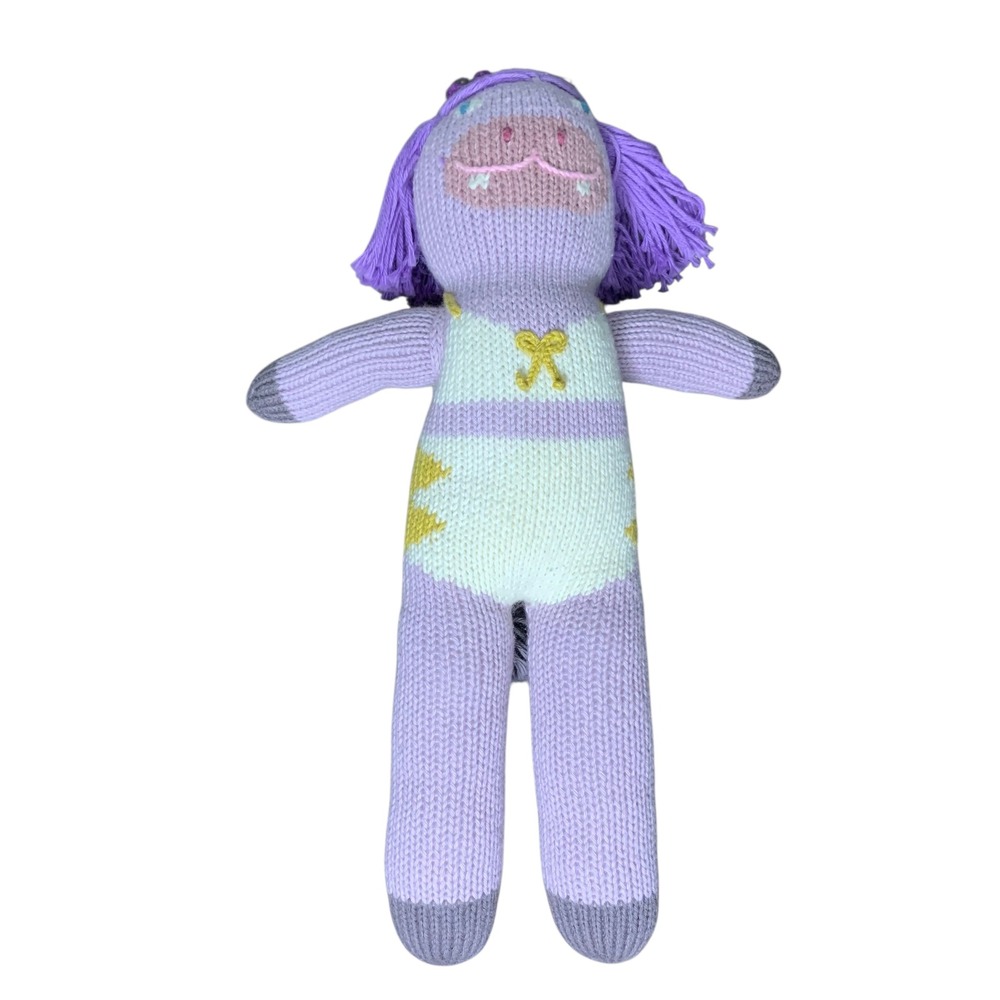 Blabla Kids Knit Doll‎ Plush Toy Purple Hair Yellow Bow Striped Outfit 14"